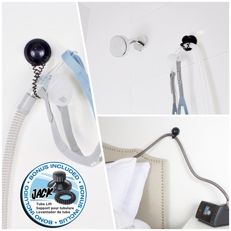 Jack cpap hose lift and 3 images of uses: in shower drying cpap tube, above bed and attached to CPAP so out of the way and third image showing it has a storage unit for your mask and hose