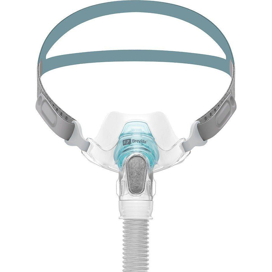 front view of the Brevida mask by Fisher and Paykel with tube attached